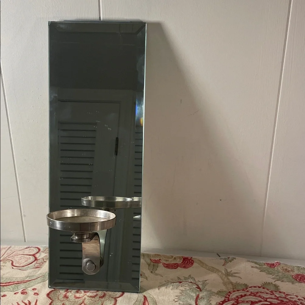 Modern Silver Wall Beveled Rectangular Mirror with Silver Hardware Candle Holder